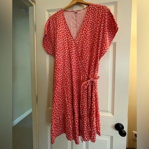 Red Floral Linen Wrap Dress